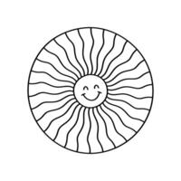 A simple doodle of a sun, drawn by hand. It has a smiling face in the center, and radiating lines around it, set in a circle vector