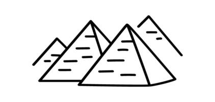 This is a black line doodle illustration depicting a group of Pyramids in Egypt. The drawing has a hand-drawn, aesthetic vector