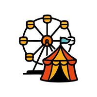 A simple drawing depicts a fairground. A ferris wheel sits beside a tent with a blue flag. It's a cartoon-style icon, perfect for design projects vector