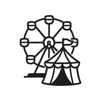 A line drawing shows a Ferris wheel behind a circus tent with a small flag on top, designed as a illustration doodle, in monochrome style vector