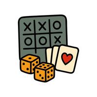 Hand drawn illustration includes a tic-tac-toe board, playing cards with a heart, and dice. Great for depicting games and friendly competitions vector