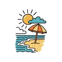 A hand drawn illustration depicting a beach scene. There is a sun, cloud, ocean, beach umbrella, and sand in a minimalist line art style vector