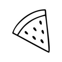 Hand drawn slice of Watermelon, with black seeds and rind, created with a simple line art style as a icon or doodle vector