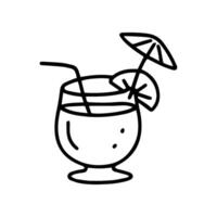 A simple line art illustration shows a cocktail glass filled with a drink, adorned with a straw, a slice of citrus, and a decorative umbrella vector