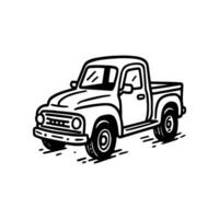 Outline graphic showcases a retro style pick up truck in a hand drawn style. This black and white provides a minimalist design for automotive use vector