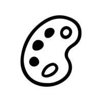 A black and white doodle of a painter's palette is shown. The palette is simple, with hand drawn outlines, paint blobs, and holes for holding it vector