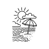 A hand drawn black outline depicts a beach with a parasol, waves, sun, and clouds. This summer doodle is minimalistic and bright, perfect for any design vector