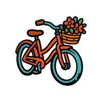 Hand drawn icon of a bicycle with a basket filled with flowers. The bicycle has colorful lines and an artistic, doodle style vector