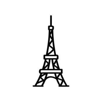 A hand-drawn black outline of the Eiffel Tower stands out against a white backdrop. Its iconic shape is rendered in a minimalist, line style vector