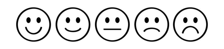 Five emoji faces, line art style. Happy, neutral, then sad vector