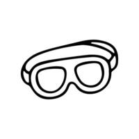 A hand drawn sketch shows vintage aviator style goggles. The icon features a thick frame and an adjustable elastic strap, all illustrated with bold black lines vector