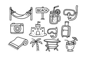 Hand drawn symbols of summer vacation activities include a beach sign, drink, hammock, suitcase, snorkel, and a sandcastle. icons in a collection, doodle style vector
