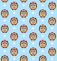 Seamless pattern of flat cartoon colored owl in winter hat and hearts isolated on background vector