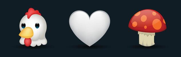 3 emoticons isolated on white background. White color heart, rooster, mushroom emoji illustration. 3d illustration set. vector