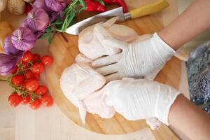 Preparing chicken with fresh vegetables in a kitchen photo