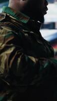 Vertical Defense forces officer reviews surveillance and digital systems, getting combat ready with warfare strategies and battlefield details. War planning operations in military control center. Camera B. video