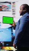 Vertical Social media environment with a person using copy space device, surrounded by tech visuals, infographics and digital apps. Emphasizing communication and web entertainment. Camera A. video