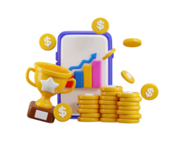 Smartphone with business line chart and trophy sign with dollar coin stack 3d render concept for Business target achievement complete icon illustration png