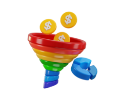 Funnel and dollar coin with pie chart icon 3d render concept of Marketing and Data Filtering Visuals for business illustration png