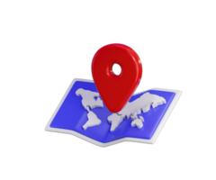 World map with location pin icon 3d render concept of Holiday and travel, GPS location navigation service icon illustration png