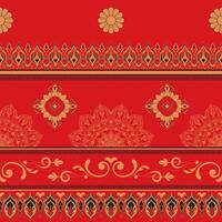 Golden fabric pattern elements on luxury red background. Seamless pattern for background. vector