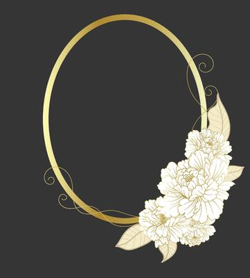 Golden oval frame, princess photo frame, luxury card decoration elements, white flowers