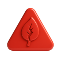 3D red glossy warning symbol icon in triangle or octagon shape with cracked leaf graphic, soft plastic texture and shadows, representing ecological failure png