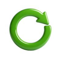 Green 3D recycling loop icon with arrow in circular motion, glossy reflective surface and soft depth, ideal for eco movement and energy flow visuals png