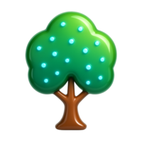 Shiny plastic 3D tree model with digital blue node highlights across a green canopy, brown trunk, soft shadows on a clean white digital environment png