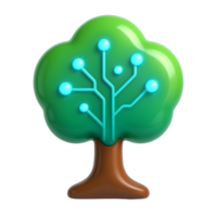 A futuristic nature-based 3D tree with high-gloss foliage and blue data points showing connectivity, brown stylized base, floating on white png