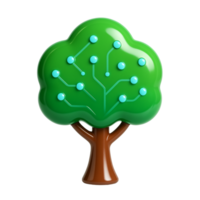 A visually modern and intelligent 3D rendering of a green tree icon with embedded blue dot nodes and smooth brown trunk, symbolizing tech-enhanced eco-solutions png