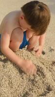 Vertical . Summer resort, family vacation. Small boy playing with sand on sea beach in summer video