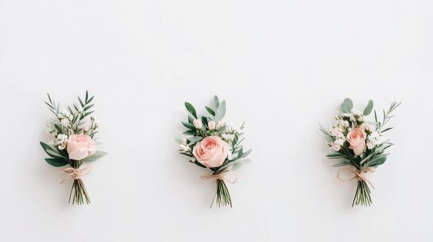 Delicate pink roses and greenery bouquets tied with string on a plain white surface. Floral arrangements for gardening projects. photo