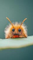 Orange furry caterpillar crawls on green leaf, insect face, antenna details, macro view, nature scene. Ideal for concepts about Gardening. photo