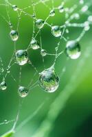 Delicate spiderweb threads hold shining water droplets. Green background suggests gardening freshness after rainfall. Droplets reflect surroundings, creating miniature worlds. photo