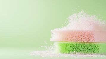 Colorful Sponges Stacked with Bubbles on Green Background Concept for Zero Waste Living photo