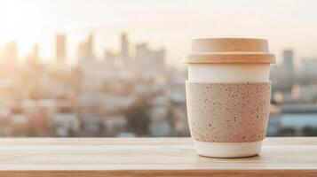 Reusable Cup on Wooden Table, City View. Sustainable Living Container. Waste Reduction for Environment. Eco Friendly Product. photo