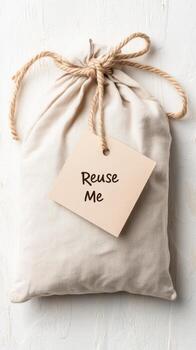 Fabric Bag Closed with Tag on White Surface Displaying Reuse Me Message for Waste Reduction and Sustainable Living Concept photo