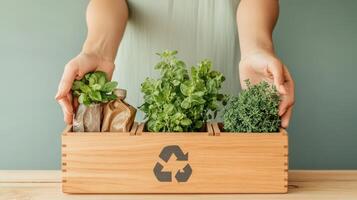 Hands Holding Wooden Box with Herbs. Recycle Symbol. Zero Waste Living Concept. Green Plants in Small Bags. Sustainable Lifestyle. Fresh Herbs Collection. photo