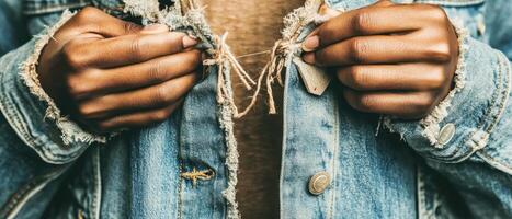 Hands holding frayed threads on denim jacket. Concept of zero waste living. Blue garment with buttons. Rustic design. Simple cloth close up. photo