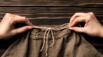 Hands adjust string tied around waist of textile brown skirt on dark wooden surface. Zero waste living concept. photo