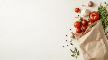 Tomatoes Garlic Herbs Spill From Paper Bag on White Surface, Concept for Zero Waste Living photo