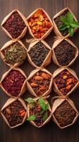 Various Dried Herbal Blends Displayed in Brown Paper Packages Promoting Zero Waste Living on Dark Wood Surface photo