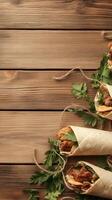 Savory Wraps Displayed on Rustic Wooden Surface with Fresh Green Herbs and Natural Twine for Zero Waste Living photo