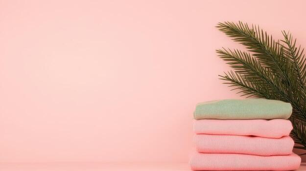 Folded Cloth Stack with Green Branch. Clean Towels in Pastel Color Scheme. Zero Waste Living Concept. Reusable Textile Product. Minimalist Arrangement. Simple Organic Material photo