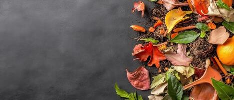 Organic Waste Compost Mixture with Leaves Peels and Soil on Dark Background Showing Zero Waste Living Concept photo