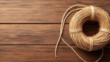 Coil Rope on Wood. Twine on Table. Jute Cord. Rustic Natural Material. Zero Waste Concept. Simple Brown Fiber. photo