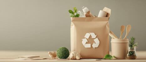 Brown Bag Containing Recycled Materials On Table For Waste Reduction And Sustainable Lifestyle For Living Zero photo