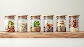 Glass jars with wooden lids display various nuts seeds and small plant on a shelf neutral background studio shot diverse food ingredients photo