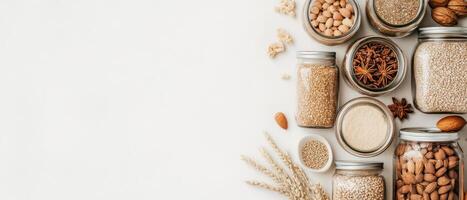 Assortment of dried foods and grains in glass jars on a plain surface. Seeds and nuts stored for eating healthy natural ingredient variety. Top view. photo